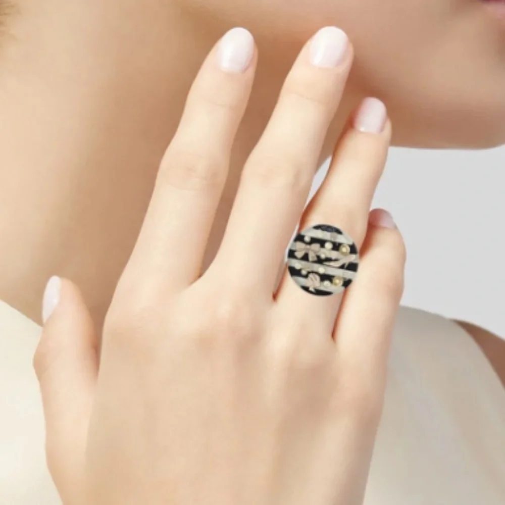 CHANEL Black Resin Ring with Cream Pearl Accents